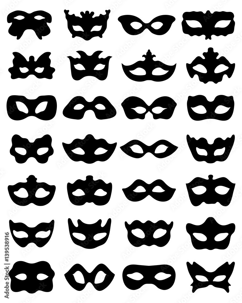 Black silhouette of festive masks in black on a white background Black silhouette of festive masks in black on a white background