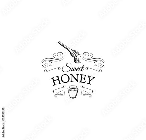 Wooden honey dipper, sketch style vector illustration isolated on white background. Sweet honey label, badge.