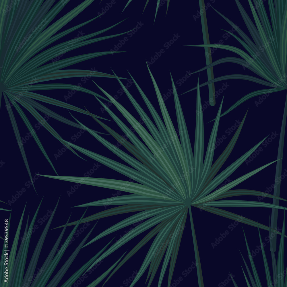 Fototapeta premium Dark tropical background with jungle plants. Seamless vector tropical pattern with green phoenix palm leaves. Vector illustration.