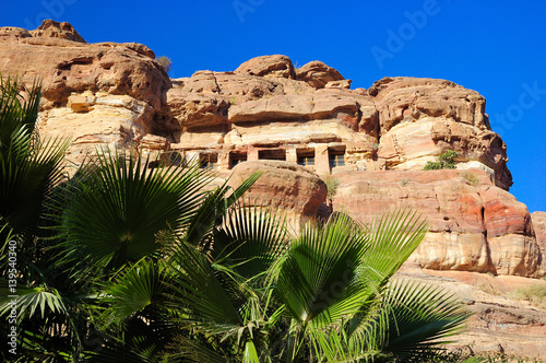 Ancient ruins of the Petra stone city, biggest tourist attraction in Jordan photo