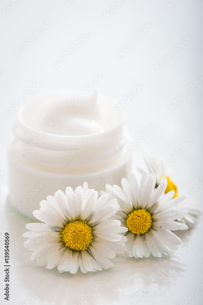 Face cream with spring flowers on white background Face cream with spring flowers on white background