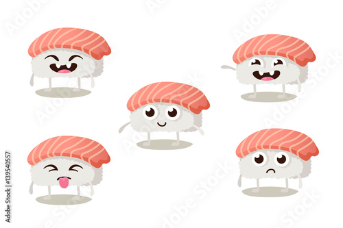 Set of funny sushi characters with cute faces and different emotions.Asian food, vector illustration isolated on white background. Sushi restaurant menu.