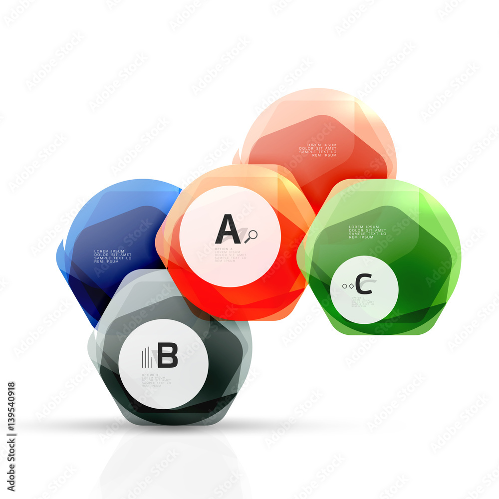 Glass color hexagons. Glossy plastic hexagon design with text Glass color hexagons. Glossy plastic hexagon design with text