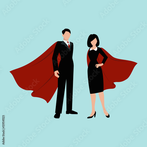 Employee in suit with red cloak waving in the wind. Man and woman coworkers. Vector flat personages.