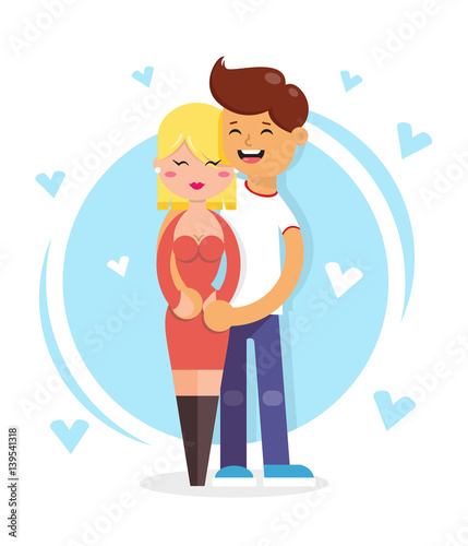 Couple in love. Man hugging the woman flat vector illustration.