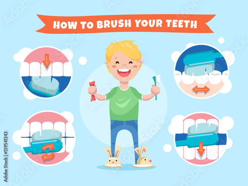 Smiling boy holding a toothbrush and toothpaste. How to brush your teeth. Instructions for children with infographics elements