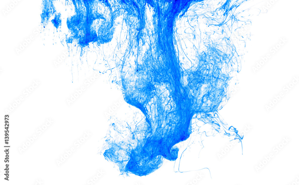 Color ink drop in water, photographed in motion, swirling. Blue icloud of paint on white background.