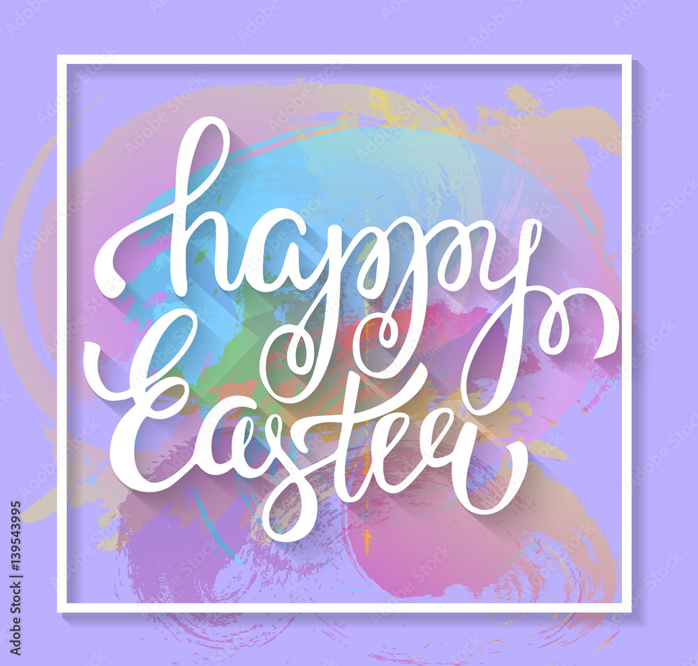 Happy Easter hand lettering on abstract watercolor background. Vector  illustration