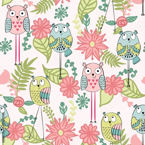 Fototapeta Wektorowy bezszwowy wzór z sowami i kwiatami