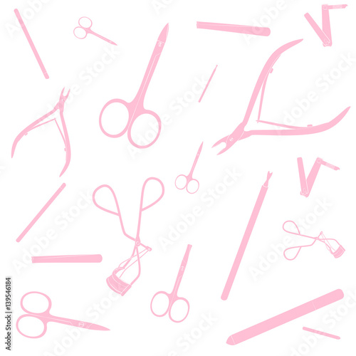 Manicure equipment pattern. Pink images, white background.