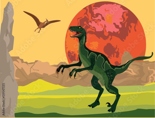 T-Rex dinosaurs on vector prihistoric landscape. Vector illustration © Massaget