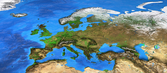 High resolution world map focused on Europe