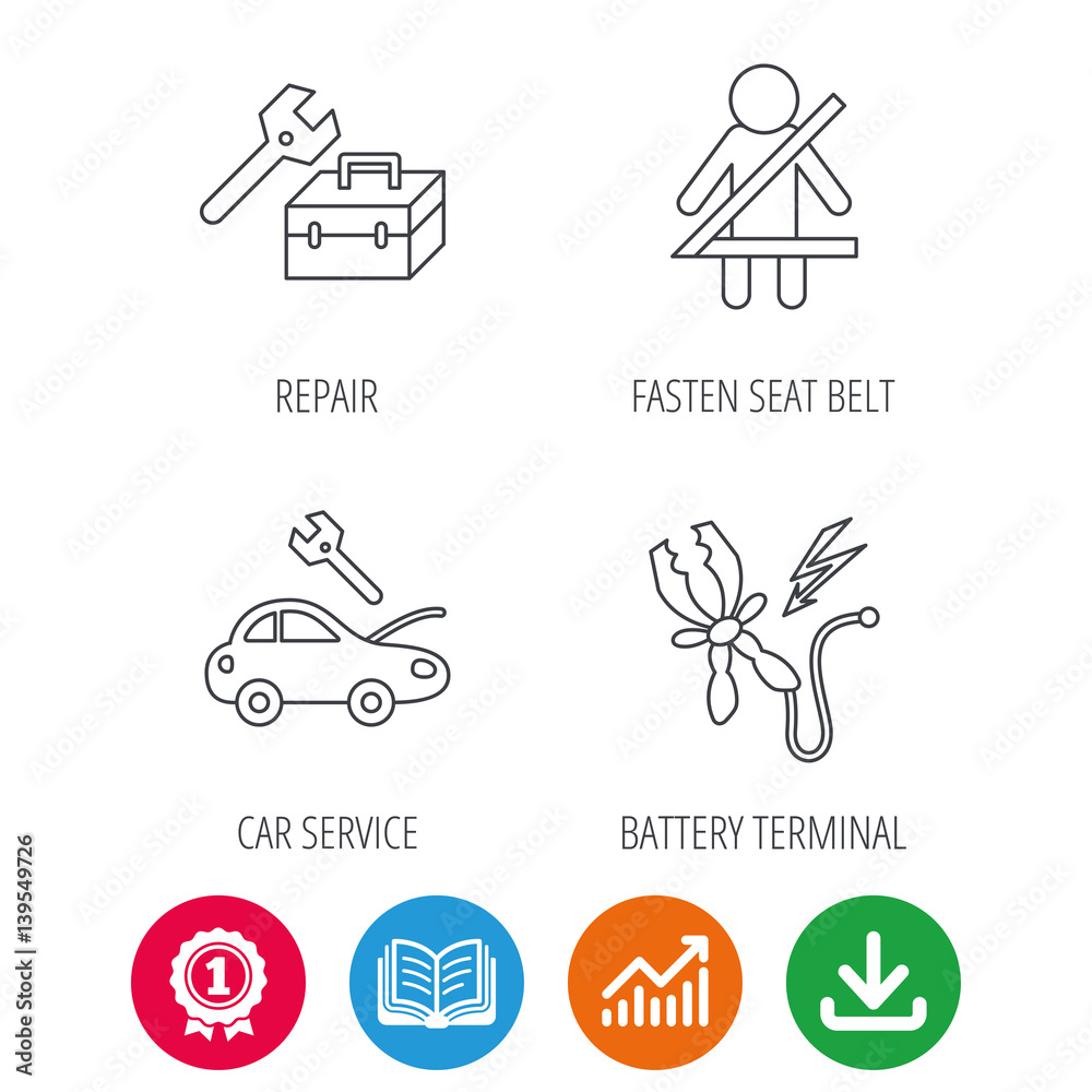 Repair, battery terminal and car service icons. Fasten seat belt linear sign. Award medal, growth chart and opened book web icons. Download arrow. Vector