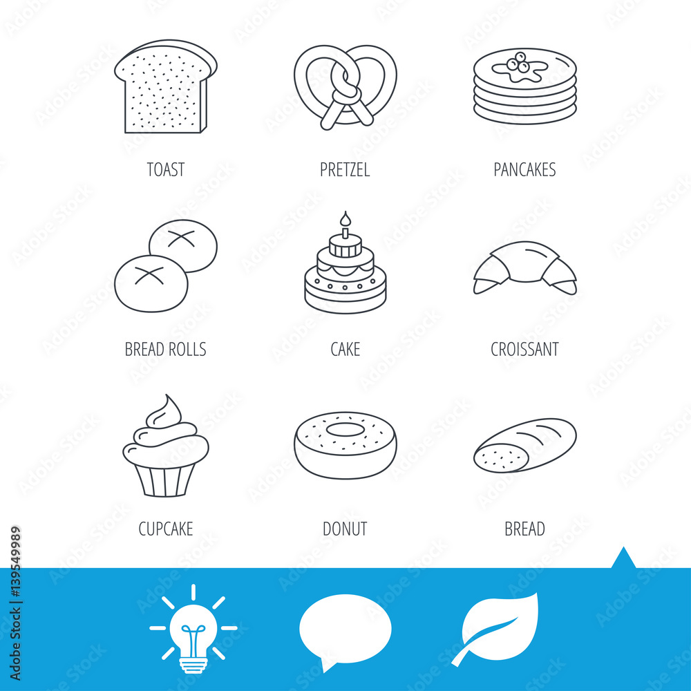 Croissant, pretzel and bread icons. Cupcake, cake and sweet donut linear signs. Pancakes, toast and bread rolls flat line icons. Light bulb, speech bubble and leaf web icons. Vector Croissant, pretzel and bread icons. Cupcake, cake and sweet donut linear signs. Pancakes, toast and bread rolls flat line icons. Light bulb, speech bubble and leaf web icons. Vector