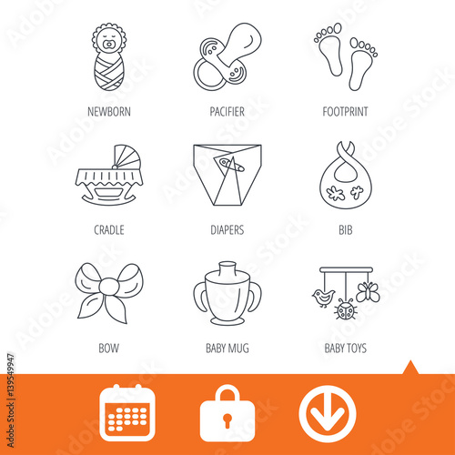 Pacifier, newborn and baby toys icons. Footprint, diapers and cradle bed linear signs. Mug, dirty bib flat line icons. Download arrow, locker and calendar web icons. Vector