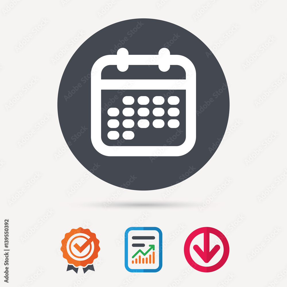 Calendar icon. Events reminder symbol. Report document, award medal with tick and new tag signs. Colored flat web icons. Vector Calendar icon. Events reminder symbol. Report document, award medal with tick and new tag signs. Colored flat web icons. Vector