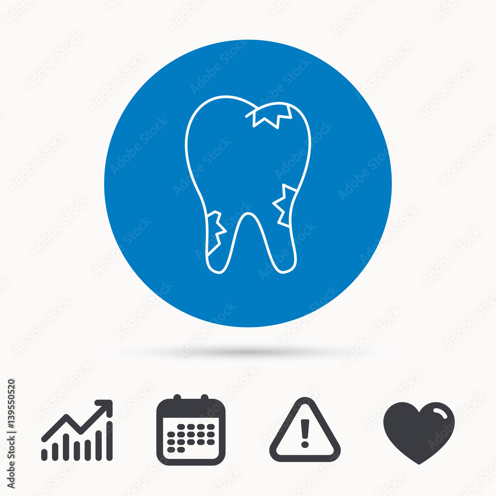 Caries icon. Tooth health sign. Calendar, attention sign and growth chart. Button with web icon. Vector Caries icon. Tooth health sign. Calendar, attention sign and growth chart. Button with web icon. Vector