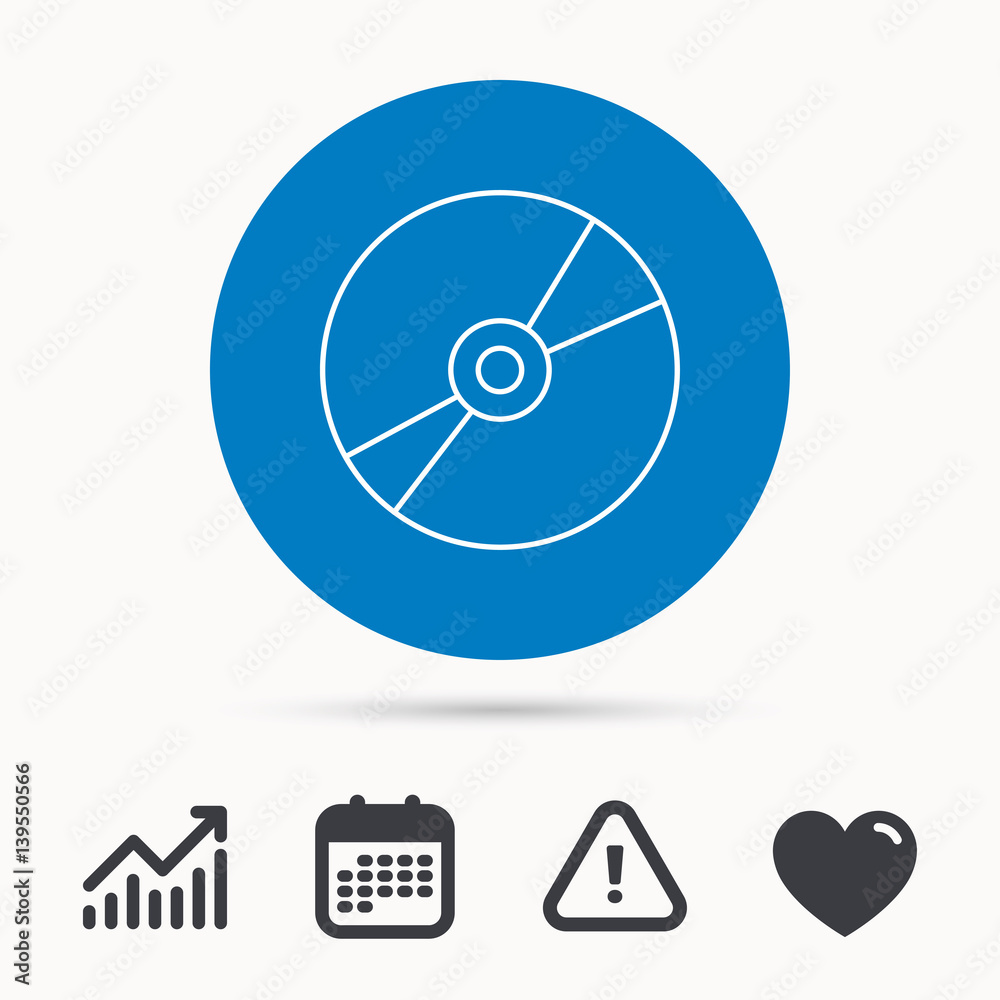 CD or DVD icon. Multimedia sign. Calendar, attention sign and growth chart. Button with web icon. Vector CD or DVD icon. Multimedia sign. Calendar, attention sign and growth chart. Button with web icon. Vector