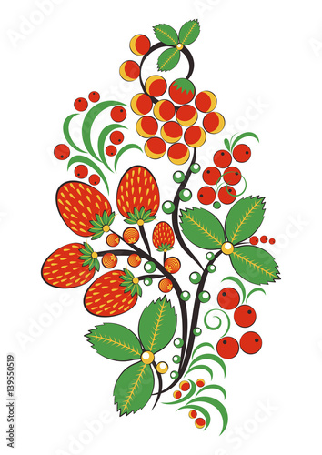 Floral ornament with flowers, strawberries and rowan in Khokhloma style in traditional colors isolated on white background. Russian folklore. Vector illustration