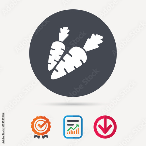 Carrot icon. Fresh natural vegetable symbol. Vegetarian food. Report document, award medal with tick and new tag signs. Colored flat web icons. Vector