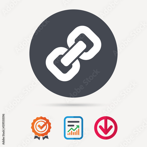 Chain icon. Internet web hyperlink symbol. Report document, award medal with tick and new tag signs. Colored flat web icons. Vector