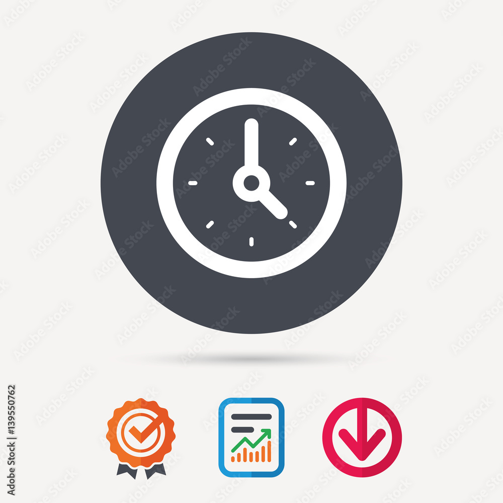 Clock icon. Mechanical watch symbol. Report document, award medal with tick and new tag signs. Colored flat web icons. Vector Clock icon. Mechanical watch symbol. Report document, award medal with tick and new tag signs. Colored flat web icons. Vector