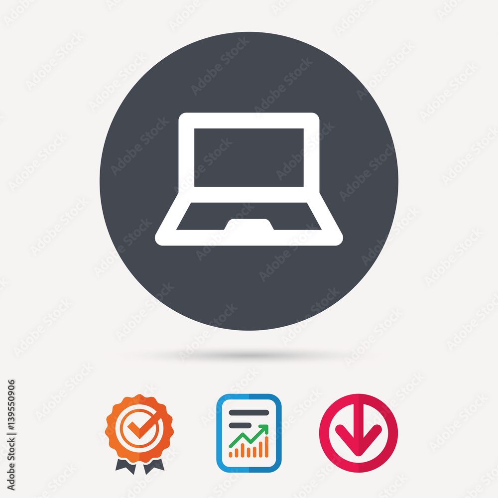 Computer icon. Notebook or laptop pc symbol. Report document, award medal with tick and new tag signs. Colored flat web icons. Vector Computer icon. Notebook or laptop pc symbol. Report document, award medal with tick and new tag signs. Colored flat web icons. Vector
