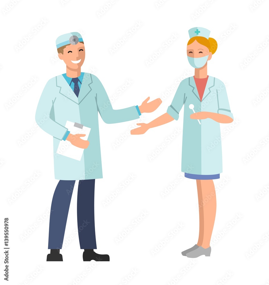 Doctor and Nurse. Vector illustration of a smiling doctor and nurse in a medical mask Doctor and Nurse. Vector illustration of a smiling doctor and nurse in a medical mask