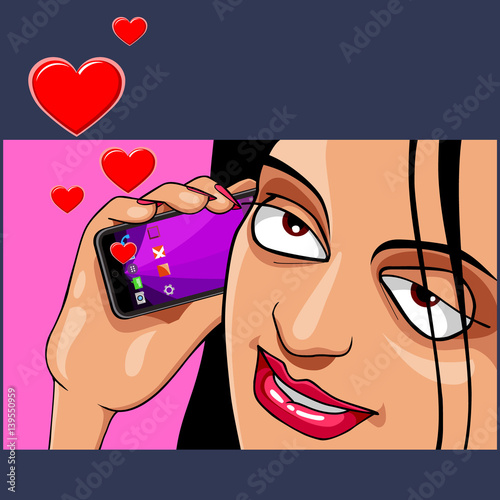 cartoon funny woman speaks of love for mobile