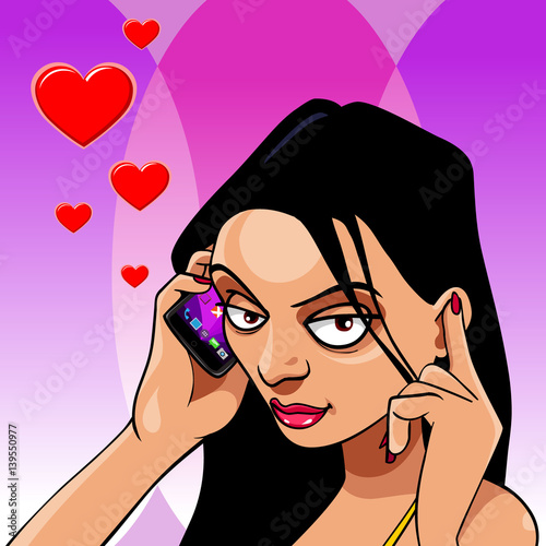cartoon of a brunette woman talking on the mobile about love