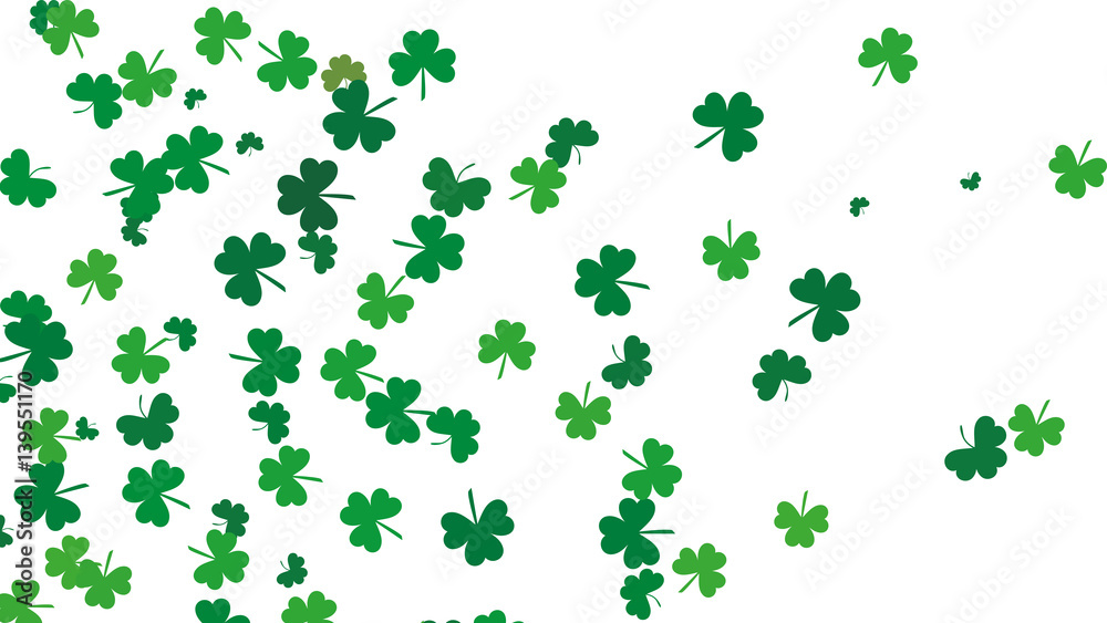 Flying leaves of clover different shades of green on a white background. Pattern for St. Patrick's Day. Rectangular, horizontal, narrow banner. Vector illustration with copy space Flying leaves of clover different shades of green on a white background. Pattern for St. Patrick's Day. Rectangular, horizontal, narrow banner. Vector illustration with copy space