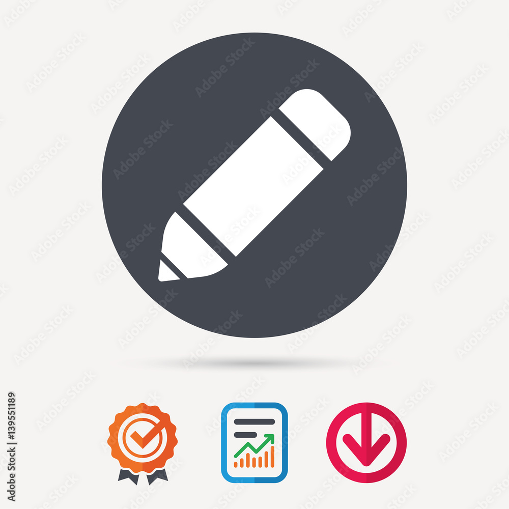 Edit icon. Pencil for drawing symbol. Report document, award medal with tick and new tag signs. Colored flat web icons. Vector Edit icon. Pencil for drawing symbol. Report document, award medal with tick and new tag signs. Colored flat web icons. Vector