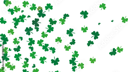Flying leaves of clover different shades of green on a white background. Pattern for St. Patrick's Day. Rectangular, horizontal, narrow banner. Vector illustration with copy space