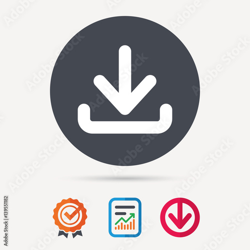 Download icon. Load internet data symbol. Report document, award medal with tick and new tag signs. Colored flat web icons. Vector