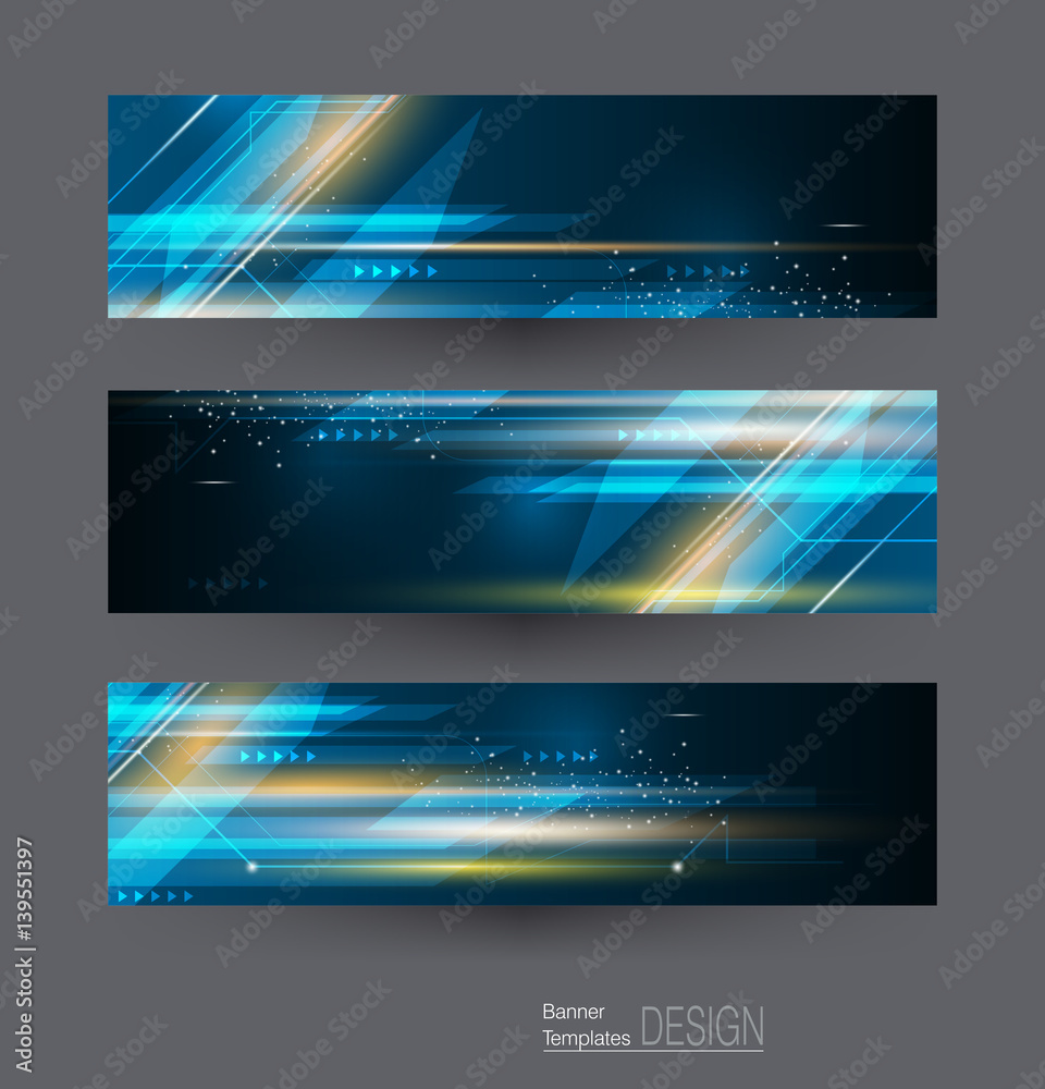 Abstract banners set with image of speed movement pattern and motion blur over dark blue color. Science, futuristic, energy technology concept. Vector background for web banner template or brochure