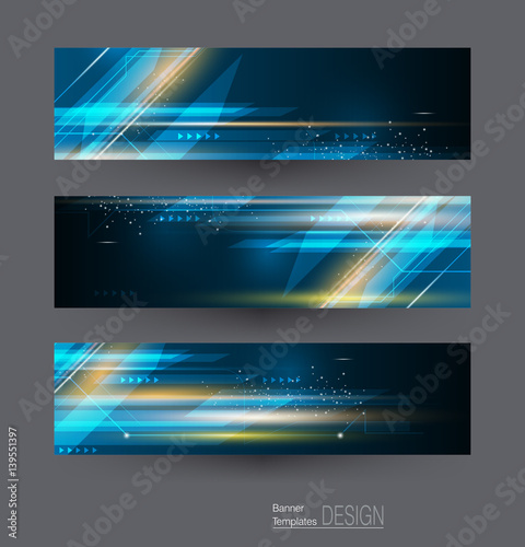 Abstract banners set with image of speed movement pattern and motion blur over dark blue color. Science, futuristic, energy technology concept. Vector background for web banner template or brochure