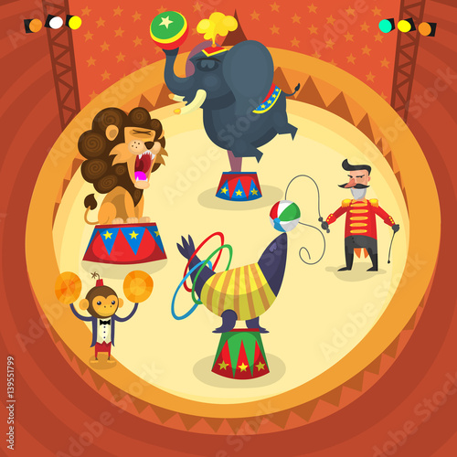 Circus performers. Isolated people and animals doing tricks on arena. Vector illustration