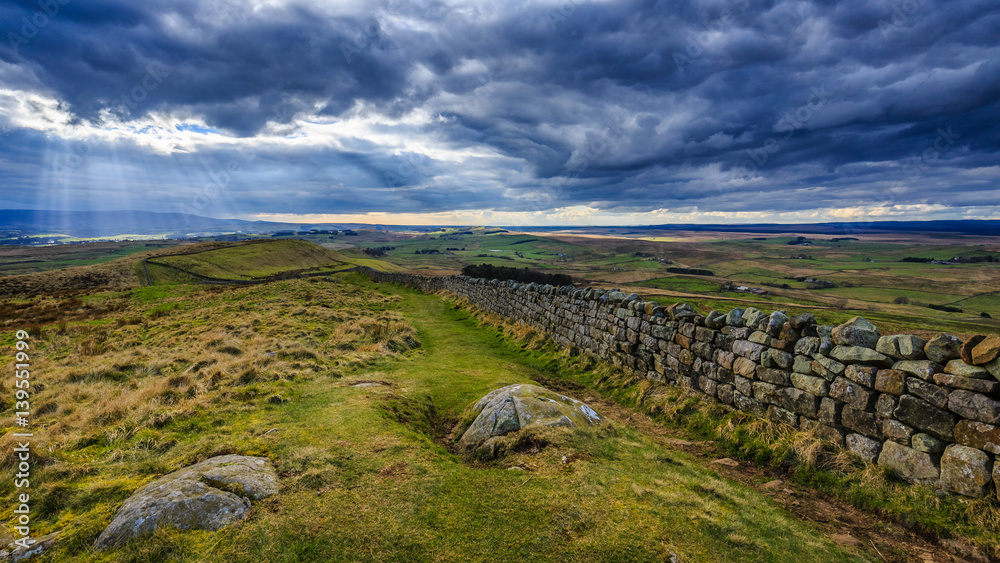 Threatening clouds on Hadrian's Wall path, Northumberland, England