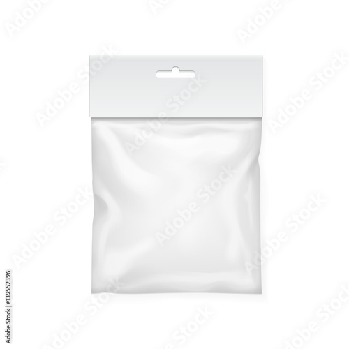 Plastic bag template. White blank packaging with hang slot. Mock up Vector illustration