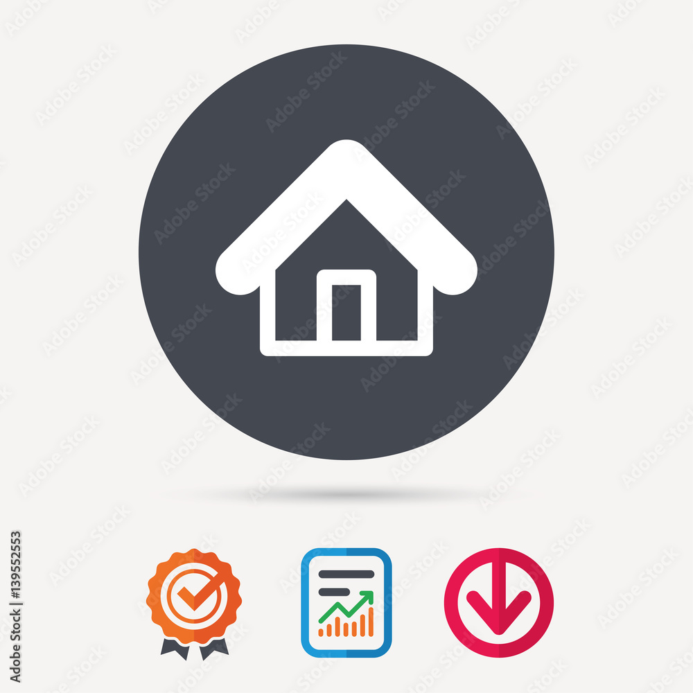 Home icon. House building symbol. Real estate construction. Report document, award medal with tick and new tag signs. Colored flat web icons. Vector Home icon. House building symbol. Real estate construction. Report document, award medal with tick and new tag signs. Colored flat web icons. Vector