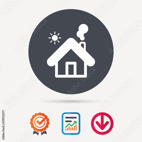 Home icon. House building symbol. Real estate construction. Report document, award medal with tick and new tag signs. Colored flat web icons. Vector