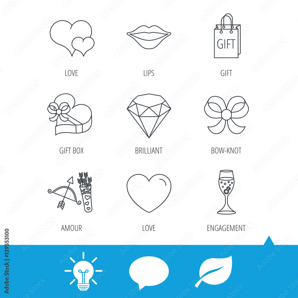 Love heart, brilliant and engagement ring icons. Bow, smile and gift box linear signs. Valentine amour arrows flat line icons. Light bulb, speech bubble and leaf web icons. Vector