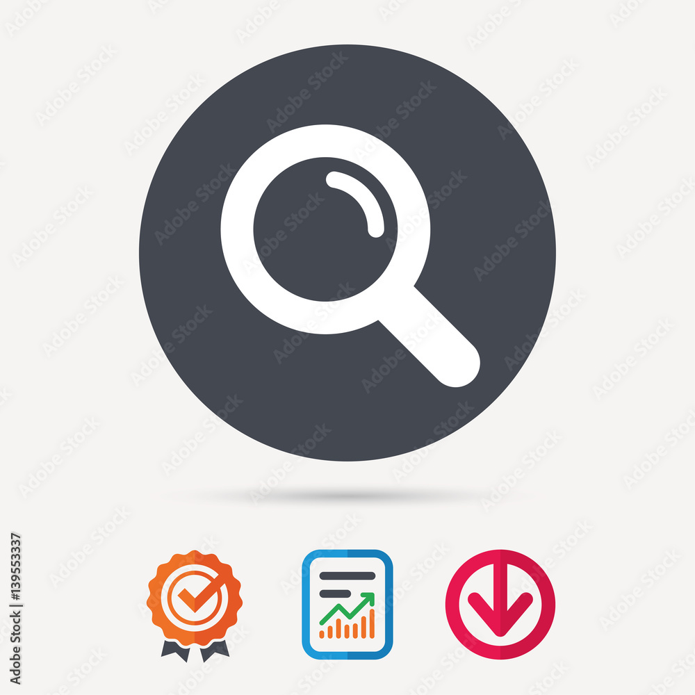 Magnifier icon. Search magnifying glass symbol. Report document, award medal with tick and new tag signs. Colored flat web icons. Vector Magnifier icon. Search magnifying glass symbol. Report document, award medal with tick and new tag signs. Colored flat web icons. Vector