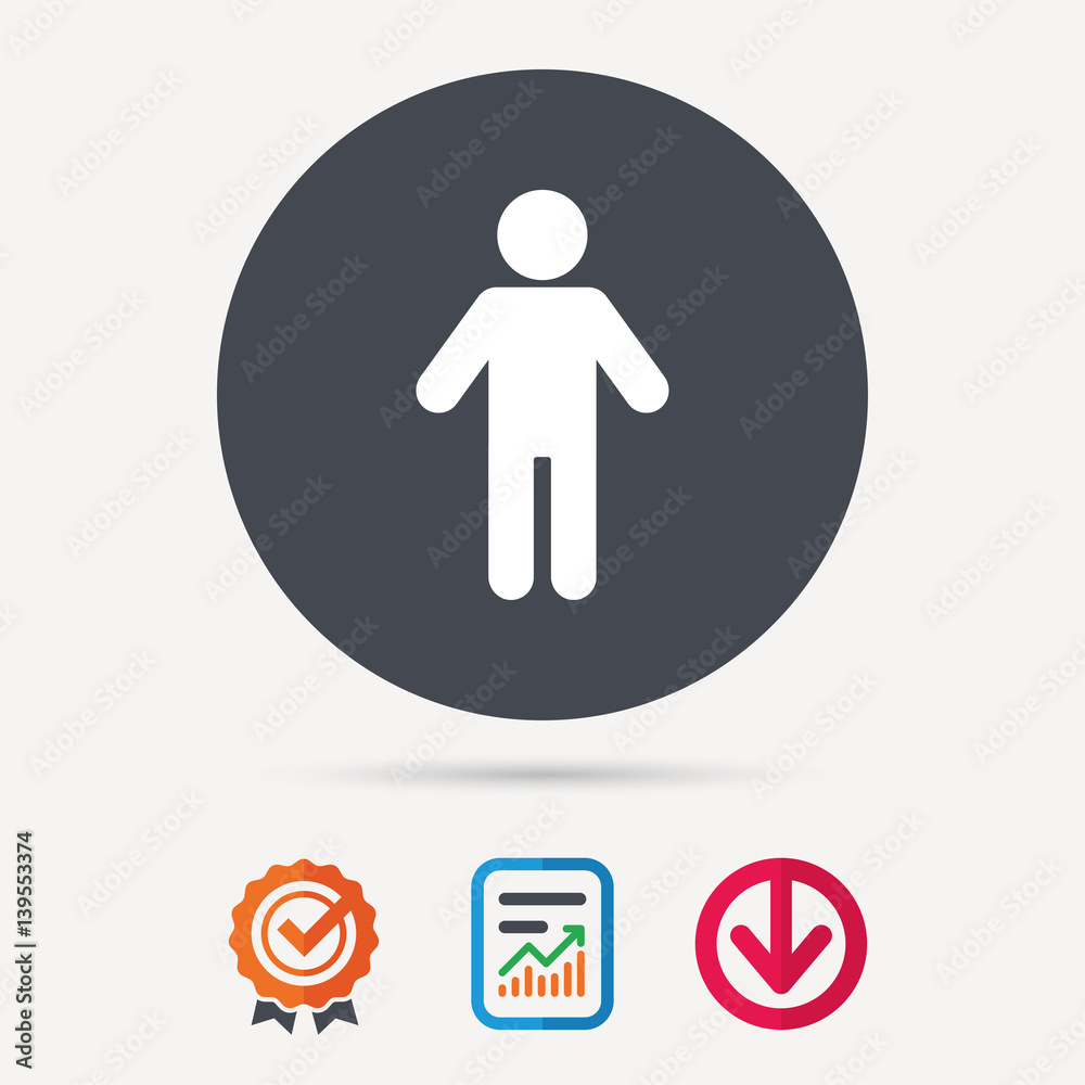 Man icon. Male human symbol. User sign. Report document, award medal with tick and new tag signs. Colored flat web icons. Vector Man icon. Male human symbol. User sign. Report document, award medal with tick and new tag signs. Colored flat web icons. Vector