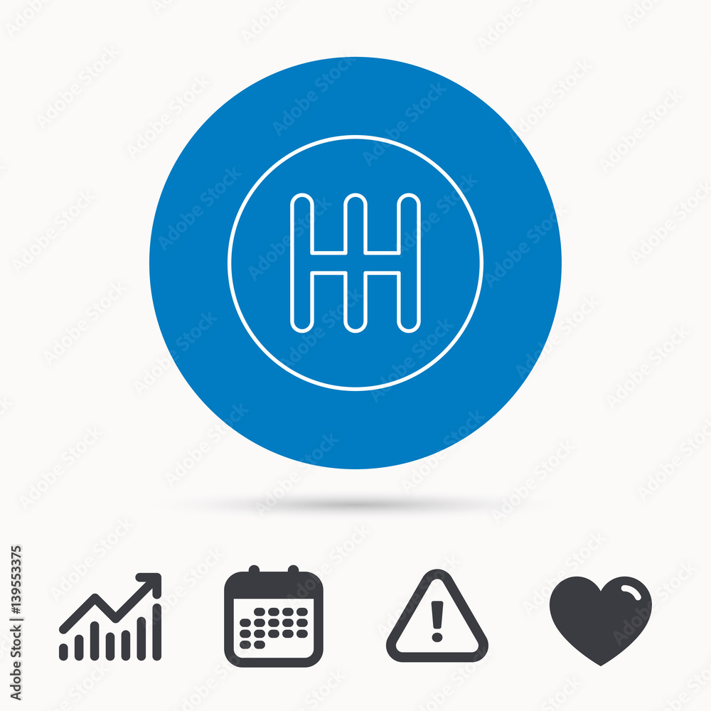 Manual gearbox icon. Car transmission sign. Calendar, attention sign and growth chart. Button with web icon. Vector Manual gearbox icon. Car transmission sign. Calendar, attention sign and growth chart. Button with web icon. Vector