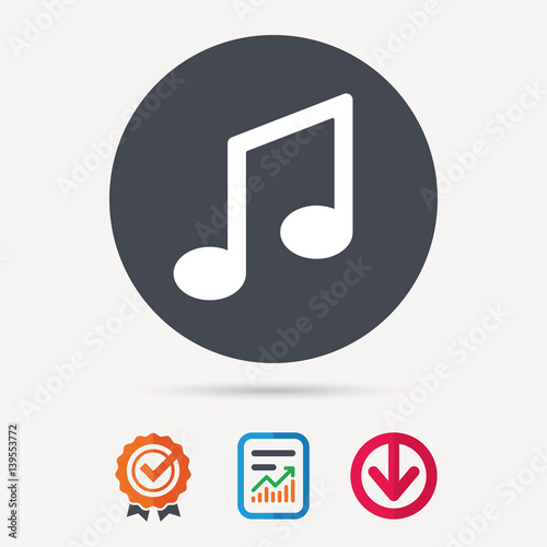 Music icon. Musical note sign. Melody symbol. Report document, award medal with tick and new tag signs. Colored flat web icons. Vector