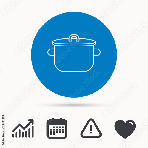 Pan icon. Cooking pot sign. Kitchen tool symbol. Calendar, attention sign and growth chart. Button with web icon. Vector