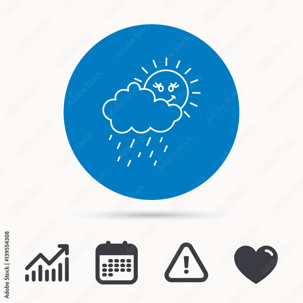 Rain and sun icon. Water drops and cloud sign. Rainy overcast day symbol. Calendar, attention sign and growth chart. Button with web icon. Vector Rain and sun icon. Water drops and cloud sign. Rainy overcast day symbol. Calendar, attention sign and growth chart. Button with web icon. Vector