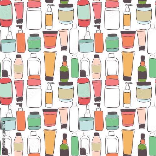 Seamless pattern with different jars  bottles and containers with cosmetics. Vector illustration