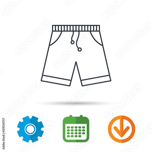 Shorts icon. Casual clothes shopping sign. Calendar, cogwheel and download arrow signs. Colored flat web icons. Vector